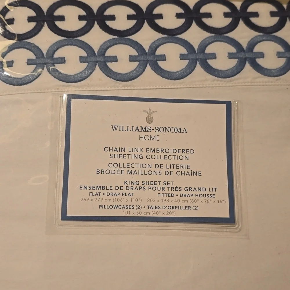 Williams Sonoma Chain Link White Embroidered Luxurius Italian King Sheet Set